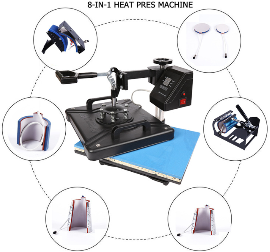 8-In-1 Swing-Away Heat Press Machine (For T Shirt, Mug, Cap, Phone Cases, Plate, Bags & More)